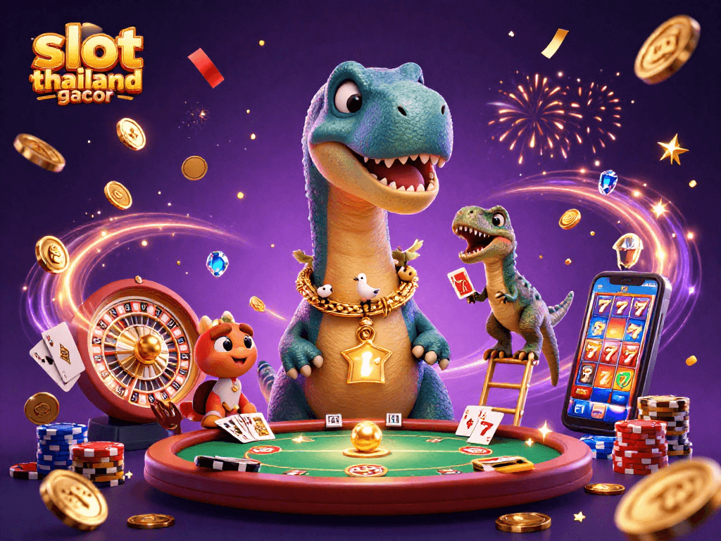 Engage with exciting slot thailand gacor action in a lively casino illustration featuring iconic characters.
