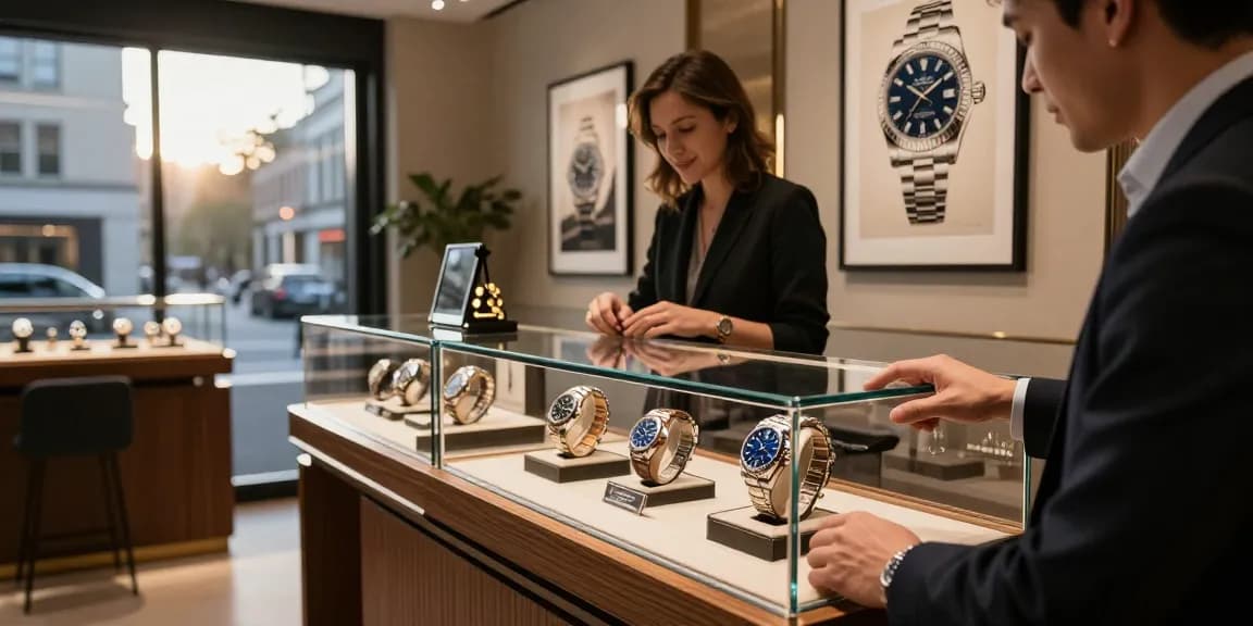 Examining Rolex super clone watches in an upscale urban shop with a customer and a sales associate.