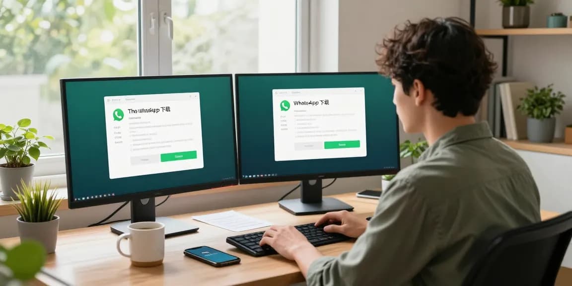 WhatsApp下載 tutorial in a cozy home office with monitors displaying installation steps.