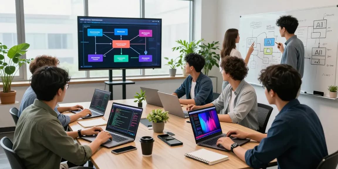 In a tech workspace, developers collaborate on agentic AI projects with laptops, screens, and brainstorming diagrams.