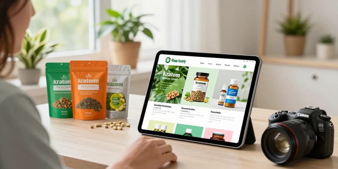 Browsing Happy Go Leafy kratom products online in a cozy home office setting.