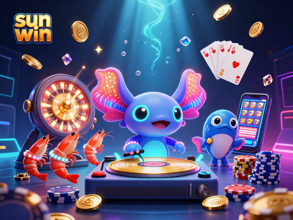 Engage with the exciting sun win gaming experience featuring lively neon characters and dynamic casino elements.
