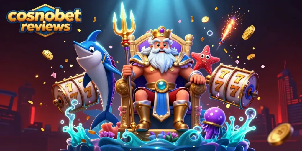 Engage with cosmobet reviews in this vibrant 3D casino-themed scene showcasing a sea king, samurai bodyguard, and lucky symbols.