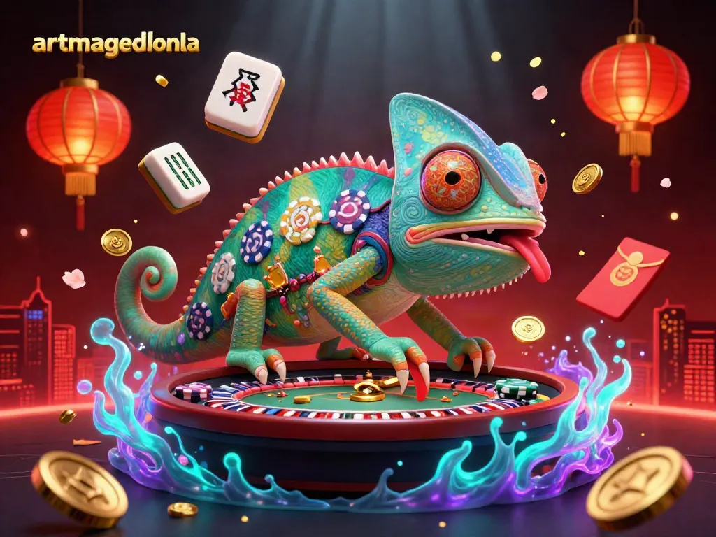 Experience the vibrant casino atmosphere with artmageddonla’s animated chameleon owner amidst dynamic gaming elements.