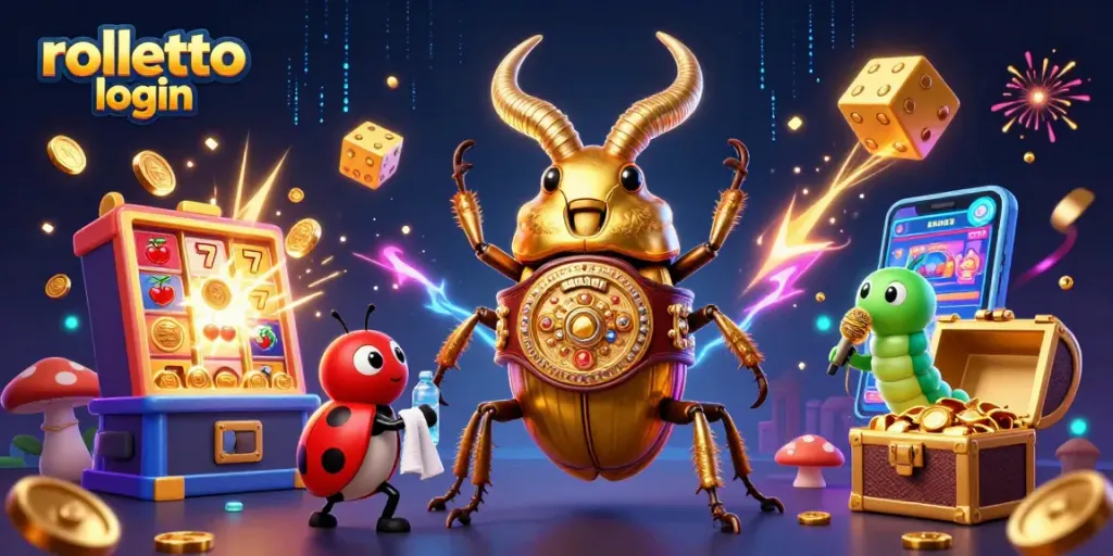 Engage in rolletto login with vibrant casino motifs including a giant beetle champion and colorful slot machines.