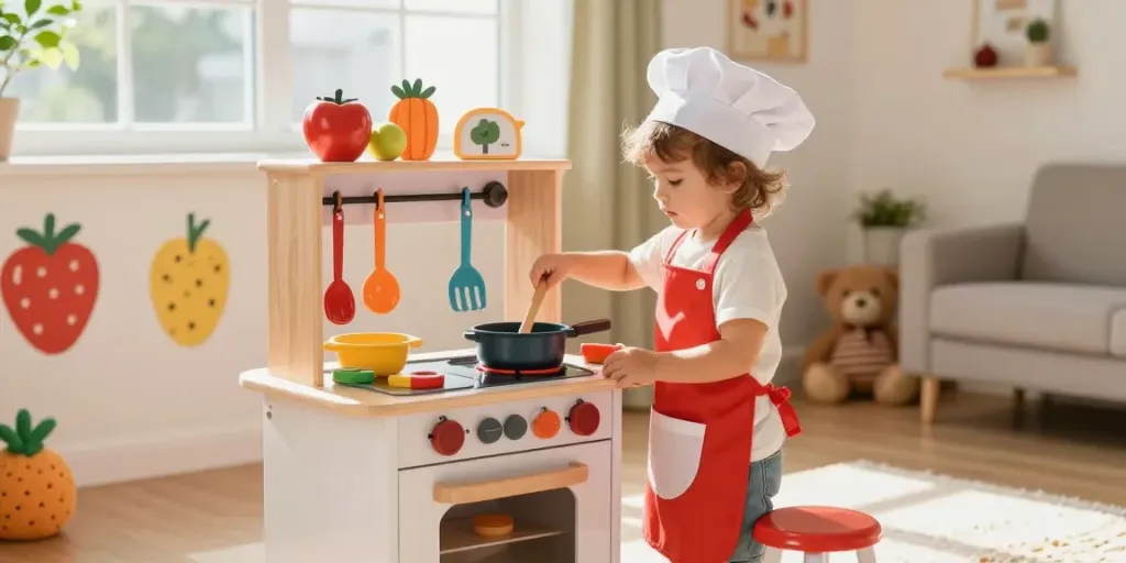 Child enjoying imaginative role-play at a colourful play kitchen, stirring pretend food.