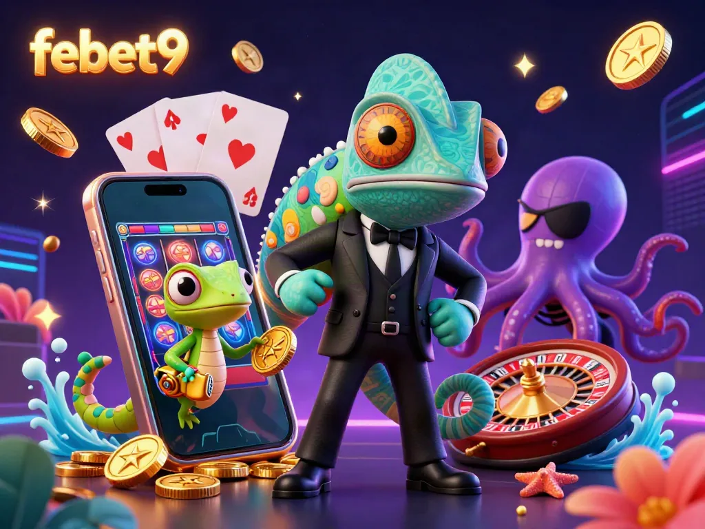 Experience the excitement of slots and casino games with febet9's dynamic illustration featuring vibrant characters and gaming elements.