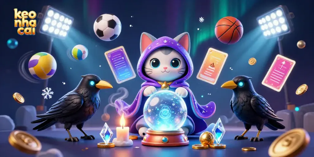 Engage with keo nha cai in this vibrant scene showcasing dynamic sports betting elements and mystical characters.