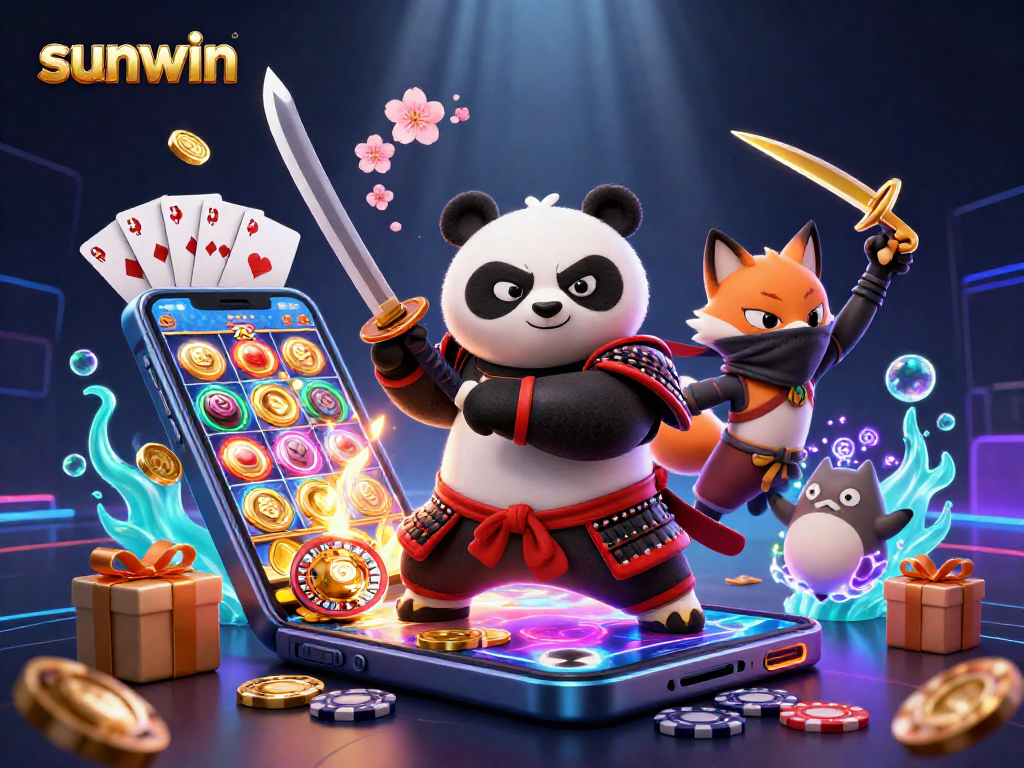Experience thrilling gaming action with sunwin's vibrant 3D casino scene featuring characters and games.