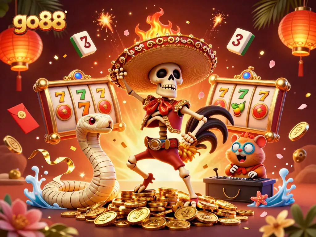 Engage with go88's thrilling games featuring a festive skeleton rooster, mummy snake, and DJ hamster.