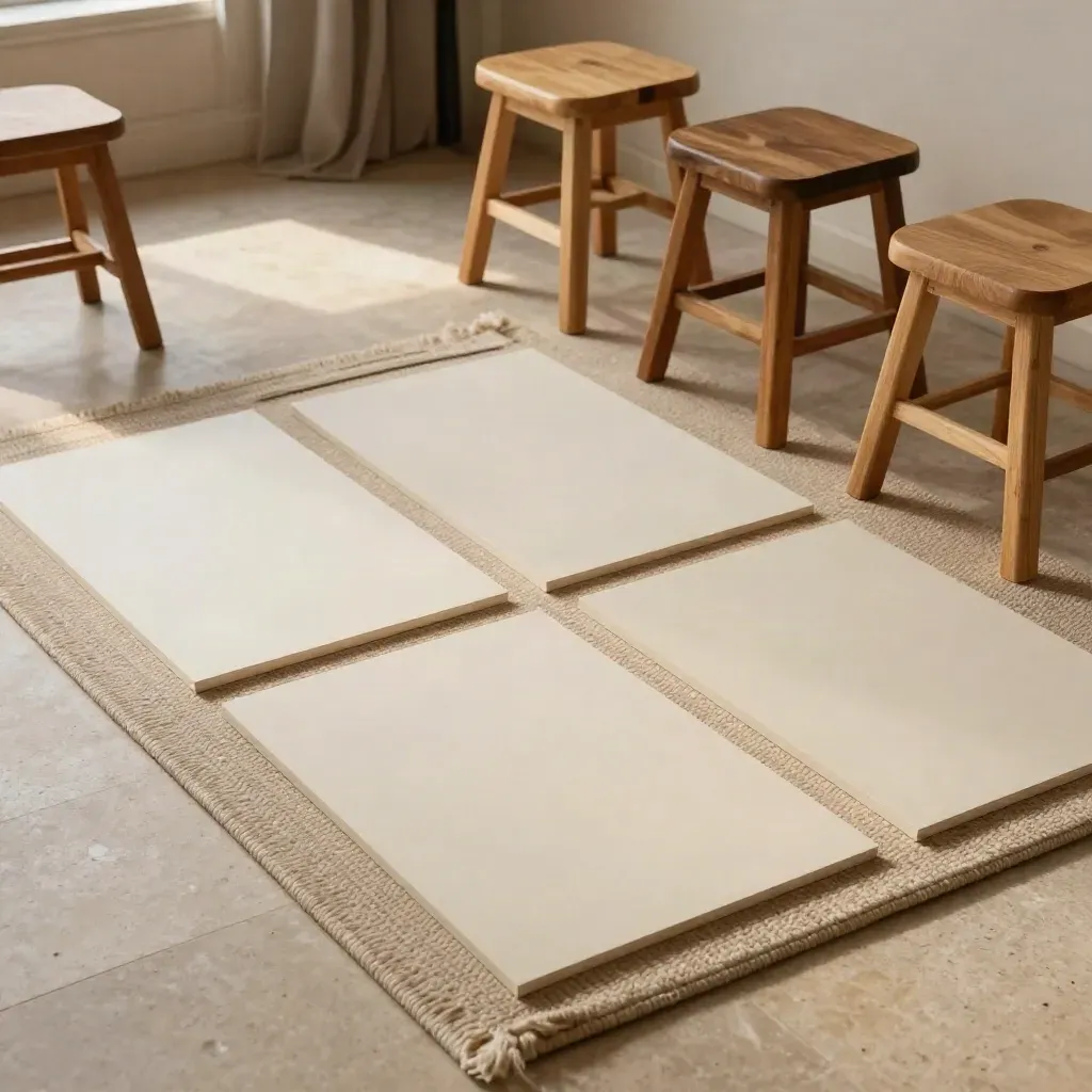 Floor-level workshop scene with stools, wool rug, and offset blank ivory card grid.