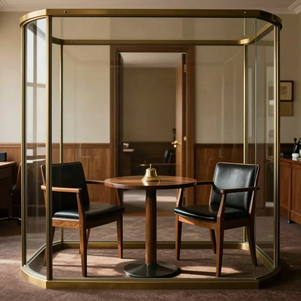 Empty glass coaching alcove with two chairs, brass bell, and warm afternoon light.