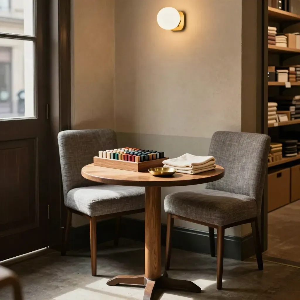 Empty back-office nook with chairs, round table and colour-coded markers in warm afternoon light