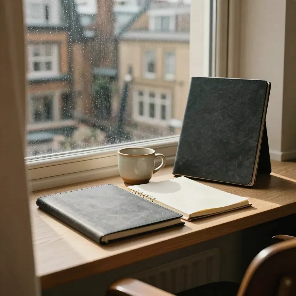 Rainy London studio window seat with folder, notebook, coffee cup and empty chair.