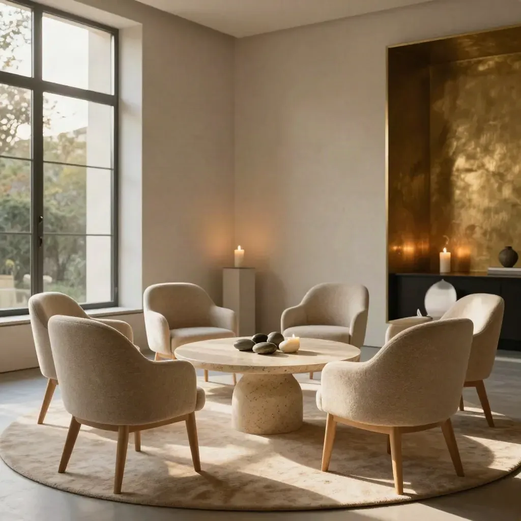 Empty collaboration room with six chairs in a soft arc, low table, and stone-and-candle centrepiece.