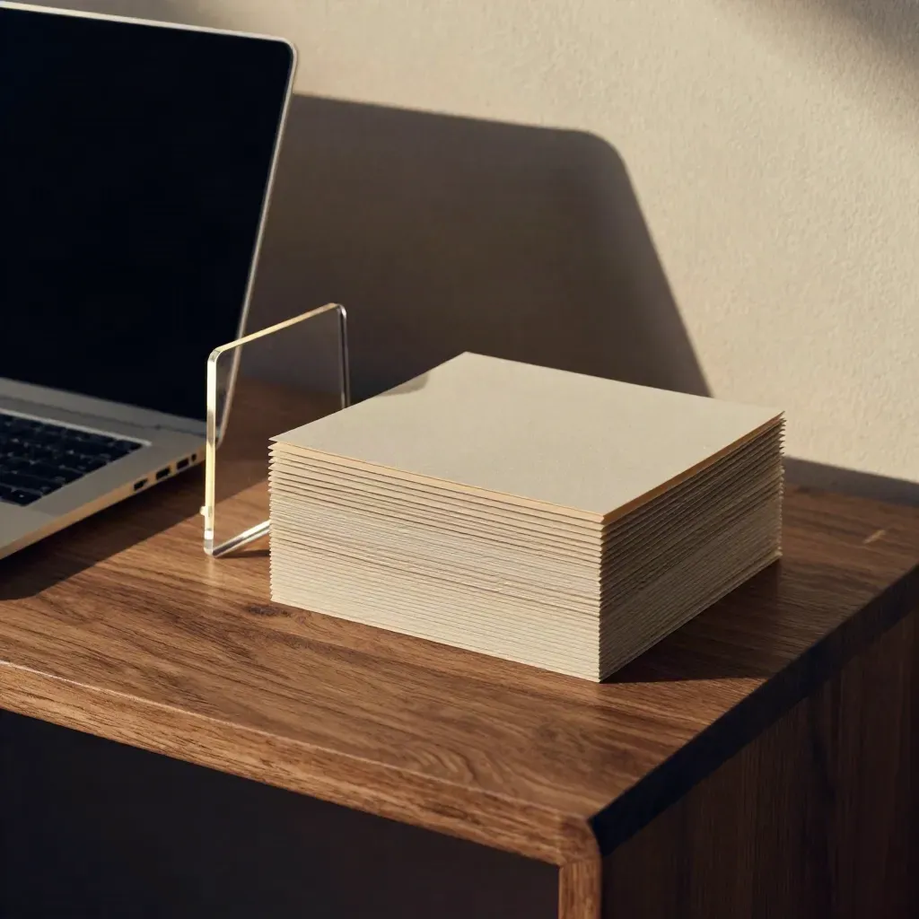 Closed laptop, acrylic stand, and folded sample sleeves on a refined consultation corner.