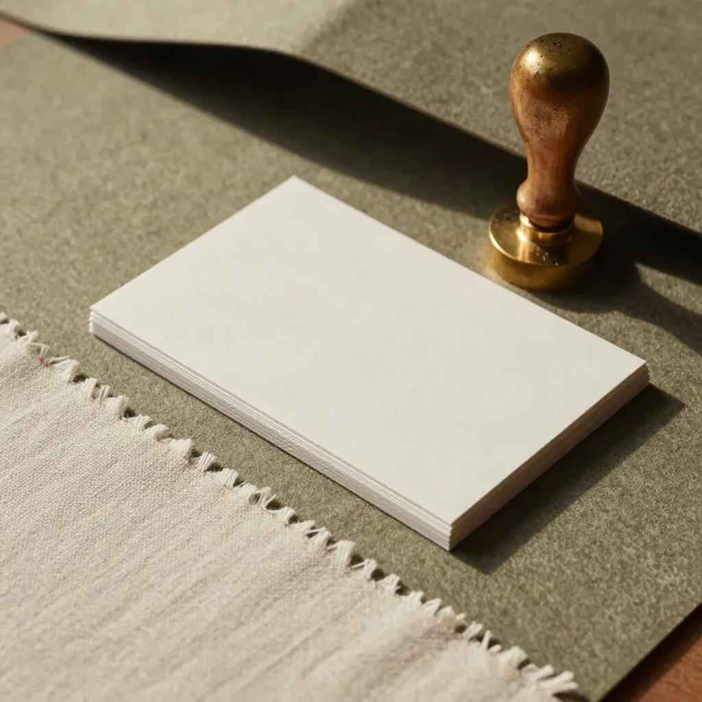 Macro of linen swatches, deckled paper, a brass stamp and blank cards on khaki felt.