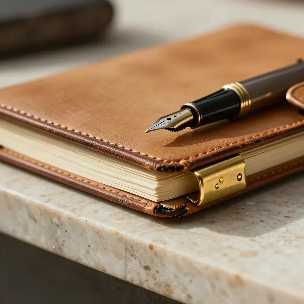 Macro of worn leather notebook corner, fountain pen nib, and brass page clip on travertine.