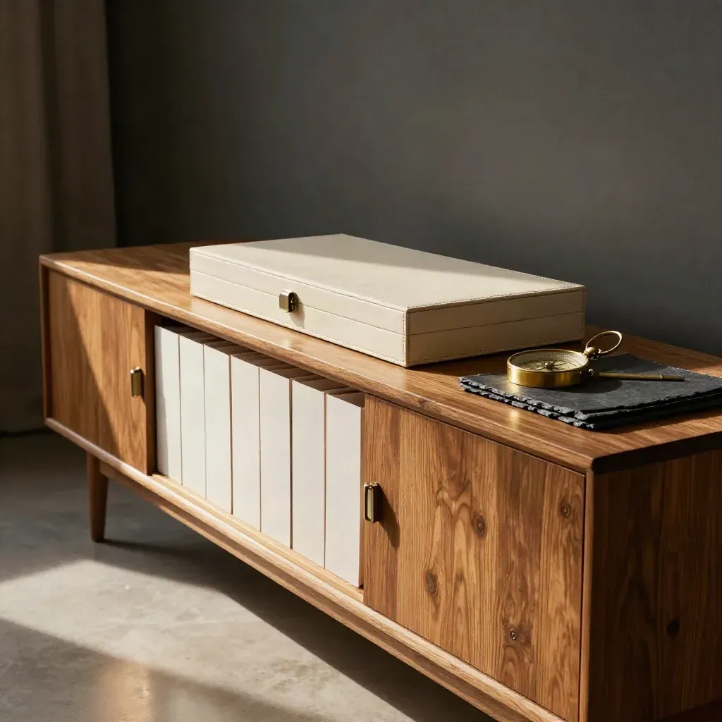 Oak sideboard with a presentation box, tabbed dividers and brass compass in a calm advisory room.