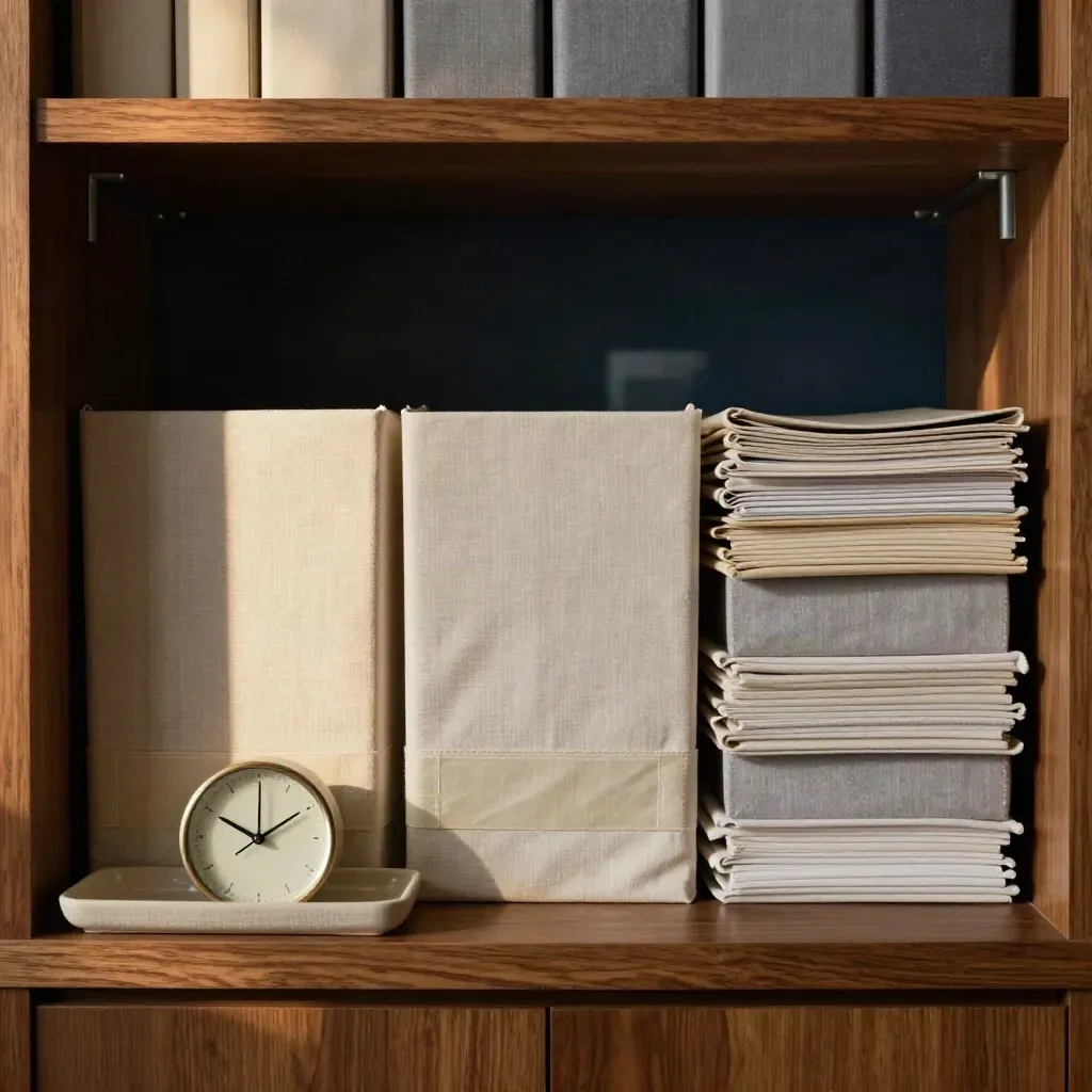 Calm office shelf with stacked binders, ceramic clock and linen tray in soft daylight.