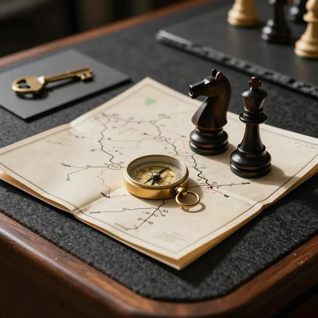 Brass compass, chess knight and folded card map on dark felt