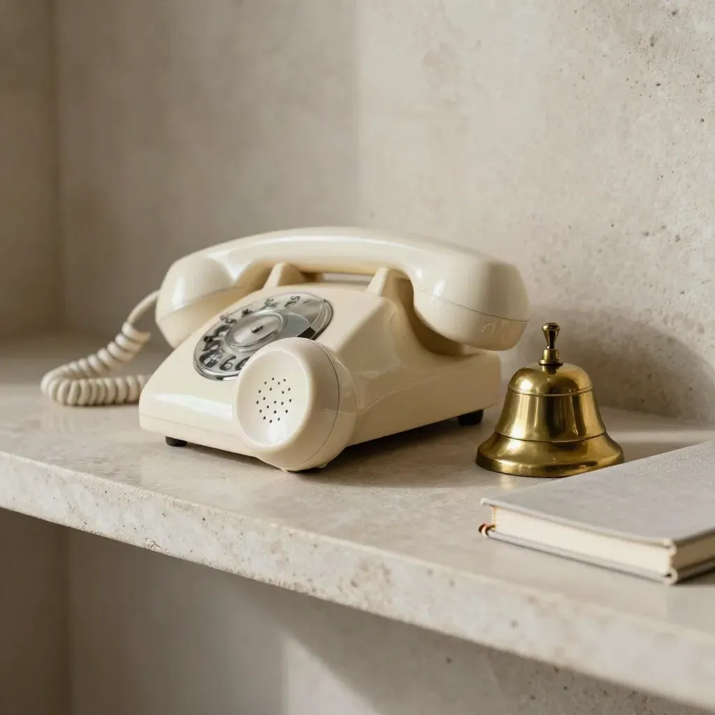 Ivory handset, brass bell and closed notebook on a stone shelf in soft side light.