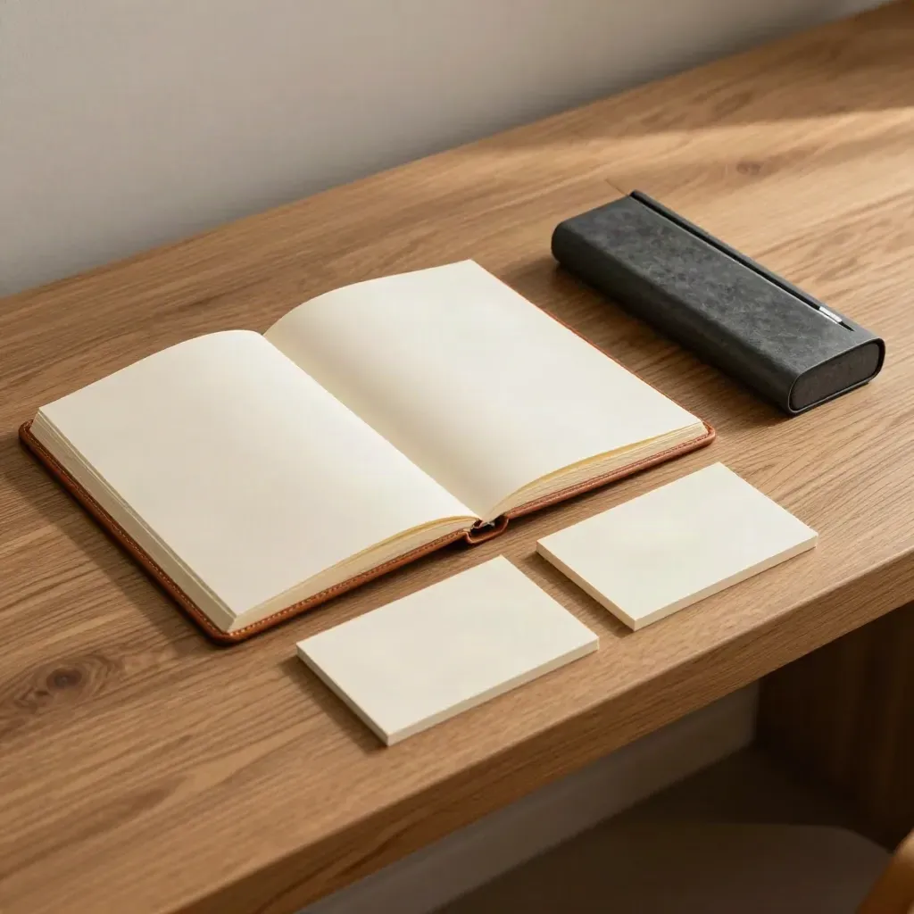 Opened leather folio with blank cards and a slate pencil case on an oak console