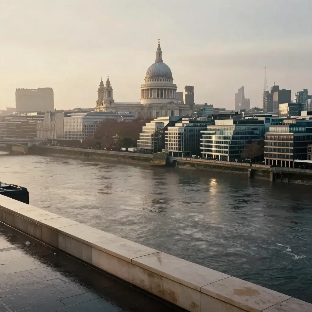 Misty London skyline over the Thames, St Paul’s dome high above reflective water