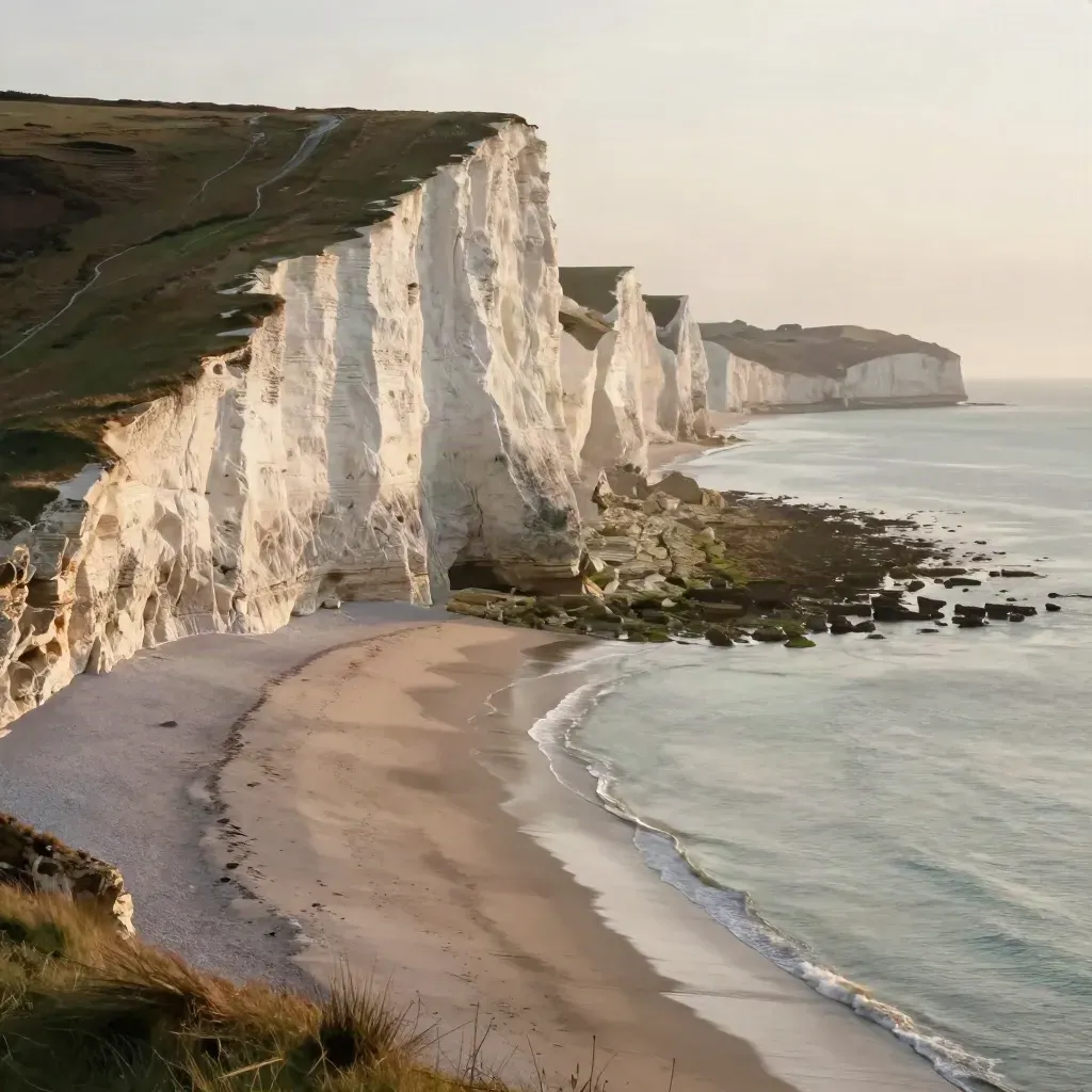 Chalk cliffs above a misty South West beach at dawn
