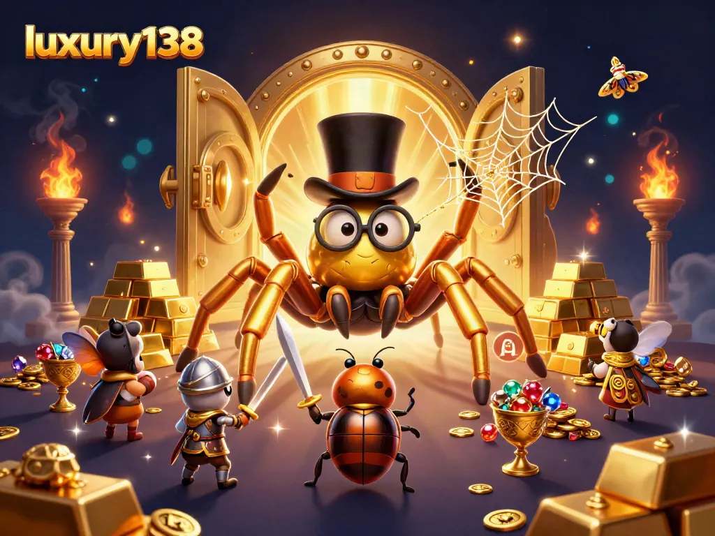 Experience the vibrant gaming world of luxury138 with characters navigating a treasure-filled casino.