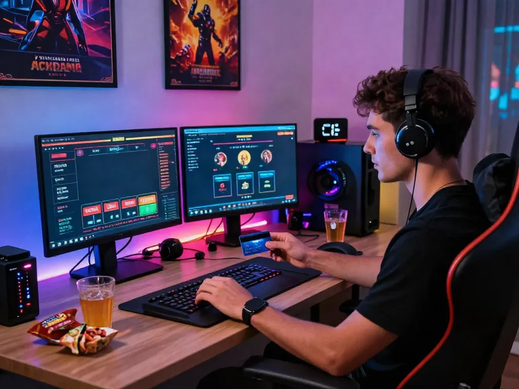 Gamer at a sleek desk ready to deposit at amex casinos, gaming setup with vibrant lighting and snacks.