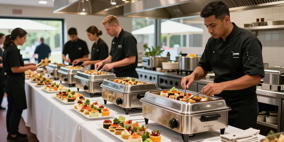 Food warmers showcasing delicious buffet setups in a bustling commercial kitchen.