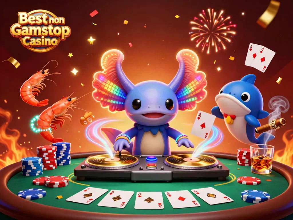 Engaging scene celebrating the Best non Gamstop Casino with a vibrant axolotl DJ and lively shrimp dancers.