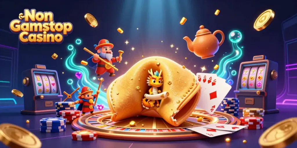 Experience the excitement of Non Gamstop Casino with this vibrant 3D illustration featuring casino elements and characters.