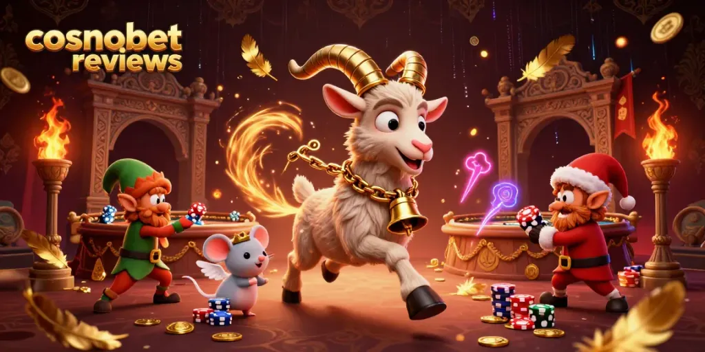 Engaging cosmobet reviews illustration showcasing a festive casino scene with character interactions.