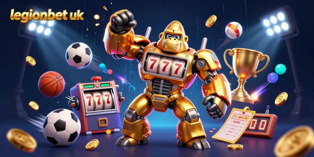Experience thrilling gaming with legionbet uk, featuring a dynamic golden gorilla mech and exciting sports elements.