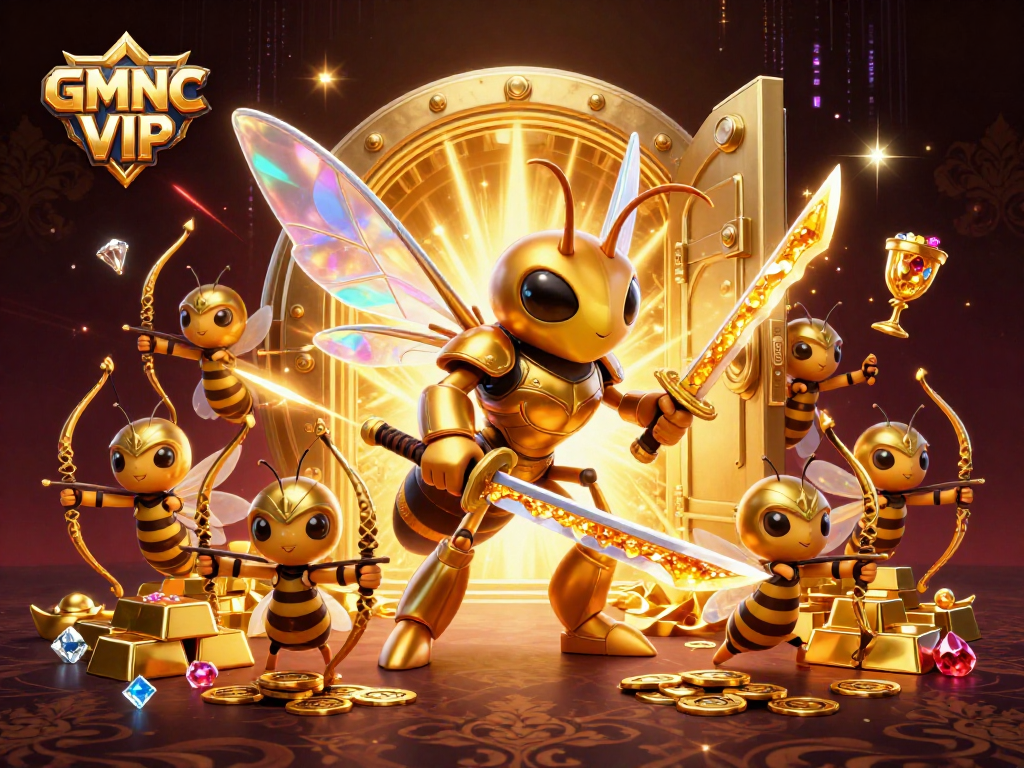 Experience the excitement of GMNC VIP with a vibrant casino-themed 3D illustration featuring a golden hornet and treasures.