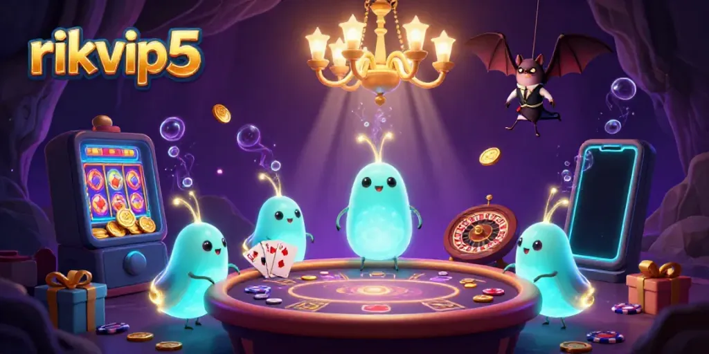 Experience the vibrant energy at rikvip5 as glowworms illuminate a lively cave casino scene filled with slot games and bonuses.