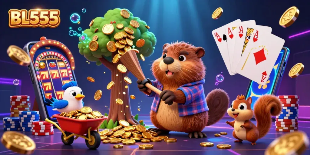 Engage in thrilling gameplay at BL555 with a bustling 3D casino scene showcasing colorful coins, cards, and characters.