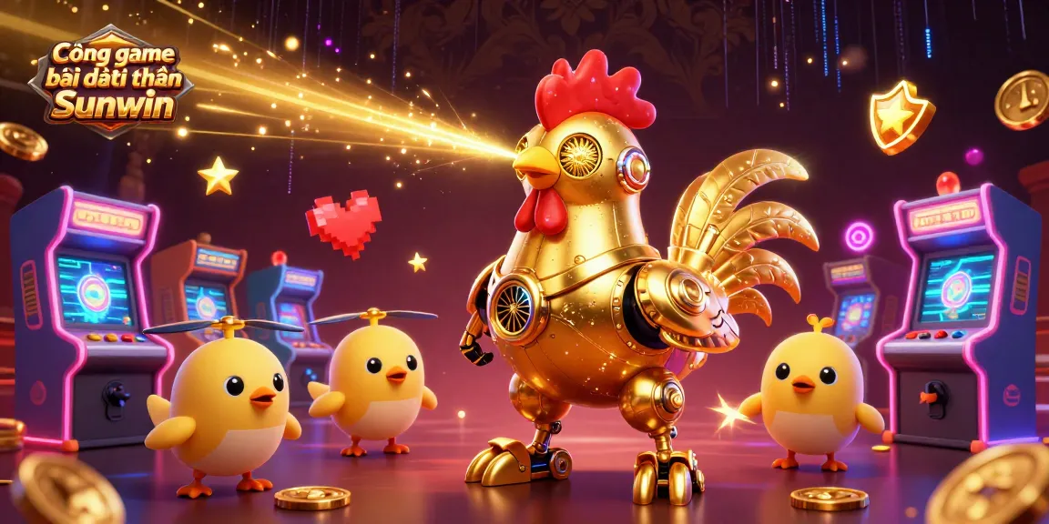 Cổng game bài đổi thưởng Sunwin showcases a dynamic scene of gaming excitement with a golden rooster robot and arcade elements.