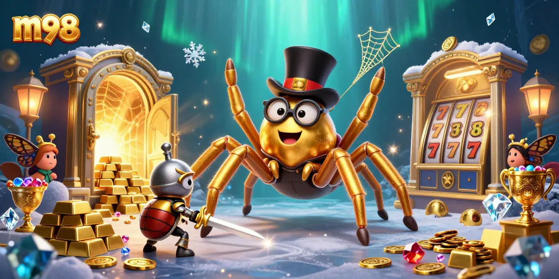 Engage in m98 slots with a vibrant scene featuring a golden tarantula, beetle knight, and dazzling treasures.
