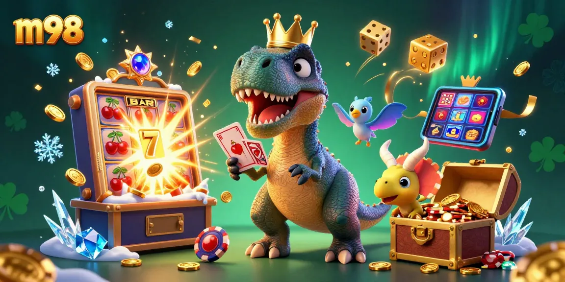 Engage with m98 casino excitement featuring characters shuffling cards and stacking chips.