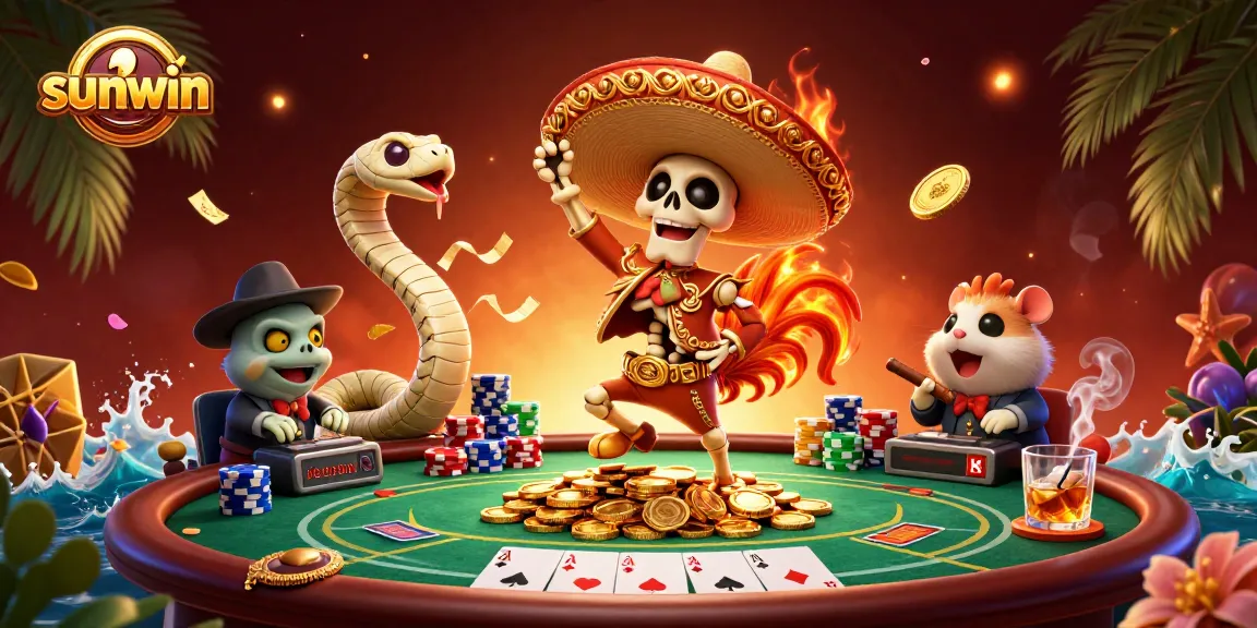 Experience the thrill of sunwin casino with vibrant characters dancing on a wealth of poker chips.
